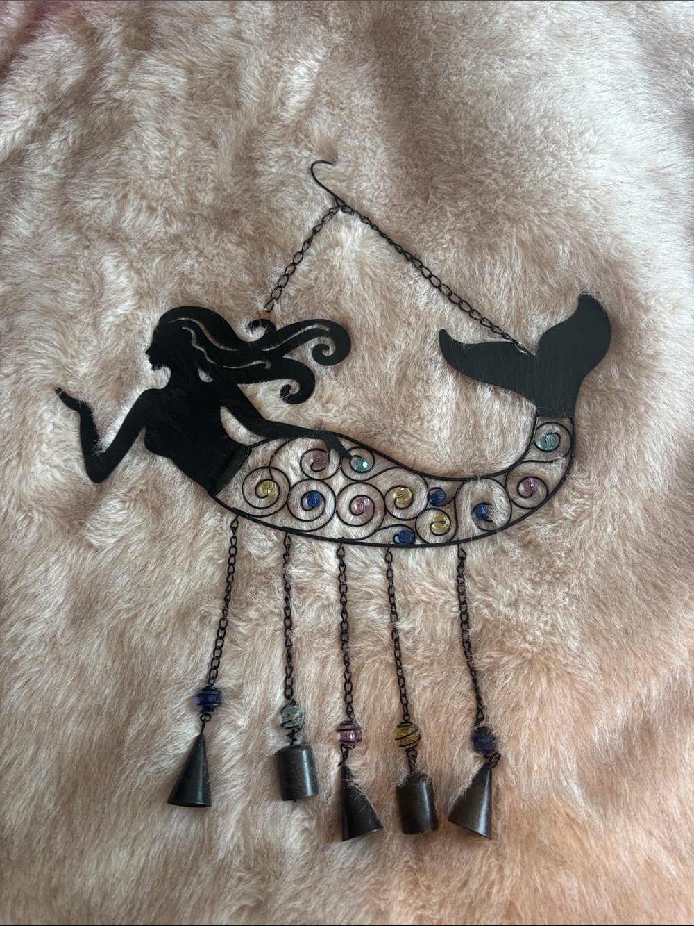 Black Metal Mermaid Wall Hanging or wind chime  with Multicolor Accents